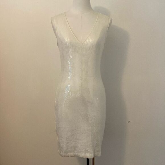 Robert Rodriguez White Sequin Stretch Bodycon Mini Dress Size Small - Picture 2 of 15